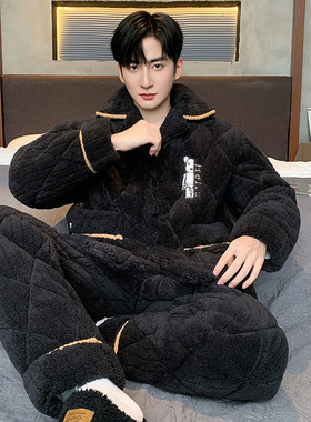 男士睡衣秋冬季加绒加厚2026新款珊瑚绒三层夹棉冬天青少年家居服
