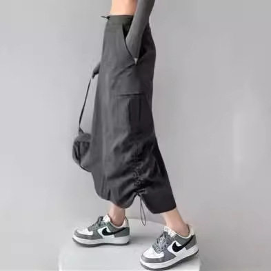 美式黑色抽绳工装半身裙女春夏百搭高腰显瘦a字裙工装风直筒长裙,女装/女士精品,半身裙,淘宝优惠券,粉丝福利购,淘宝优惠卷