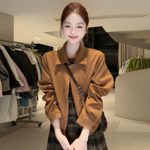 薄款鹿皮绒外套女2026早春新款绝美独特漂亮复古翻领麂皮绒夹克衫
