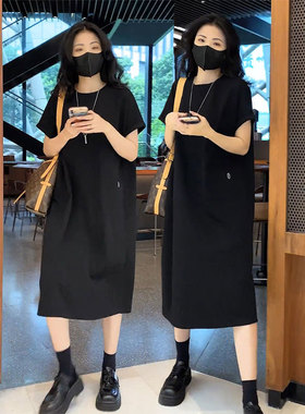 黑色宽松休闲短袖连衣裙女2024年夏季新款高级感气质显瘦长裙子潮