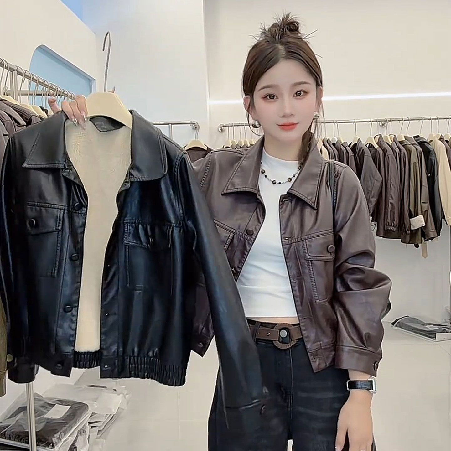 黑色高级感POLO领加绒皮衣外套秋冬新款韩版宽松软皮机车服夹克潮