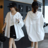 抽绳连帽衬衣休闲宽松小个子百搭上衣 薄款 白色防晒衬衫 外套女夏季