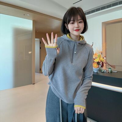 设计感撞色双面德绒连帽卫衣女冬季半拉链叠穿内搭打底衫加厚上衣
