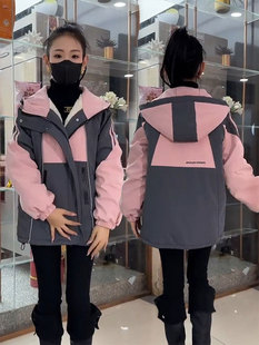 宽松百搭派克服棉服潮 韩版 撞色连帽加绒加厚冲锋衣外套女冬季 新款