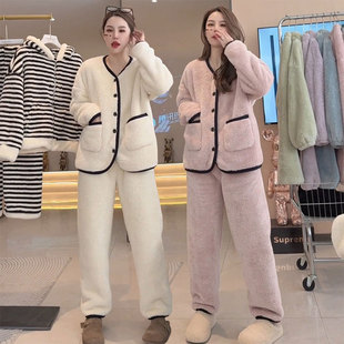 新款 高级睡衣套装 时尚 小香风上衣长裤 加绒加厚家居服女装 2025冬季