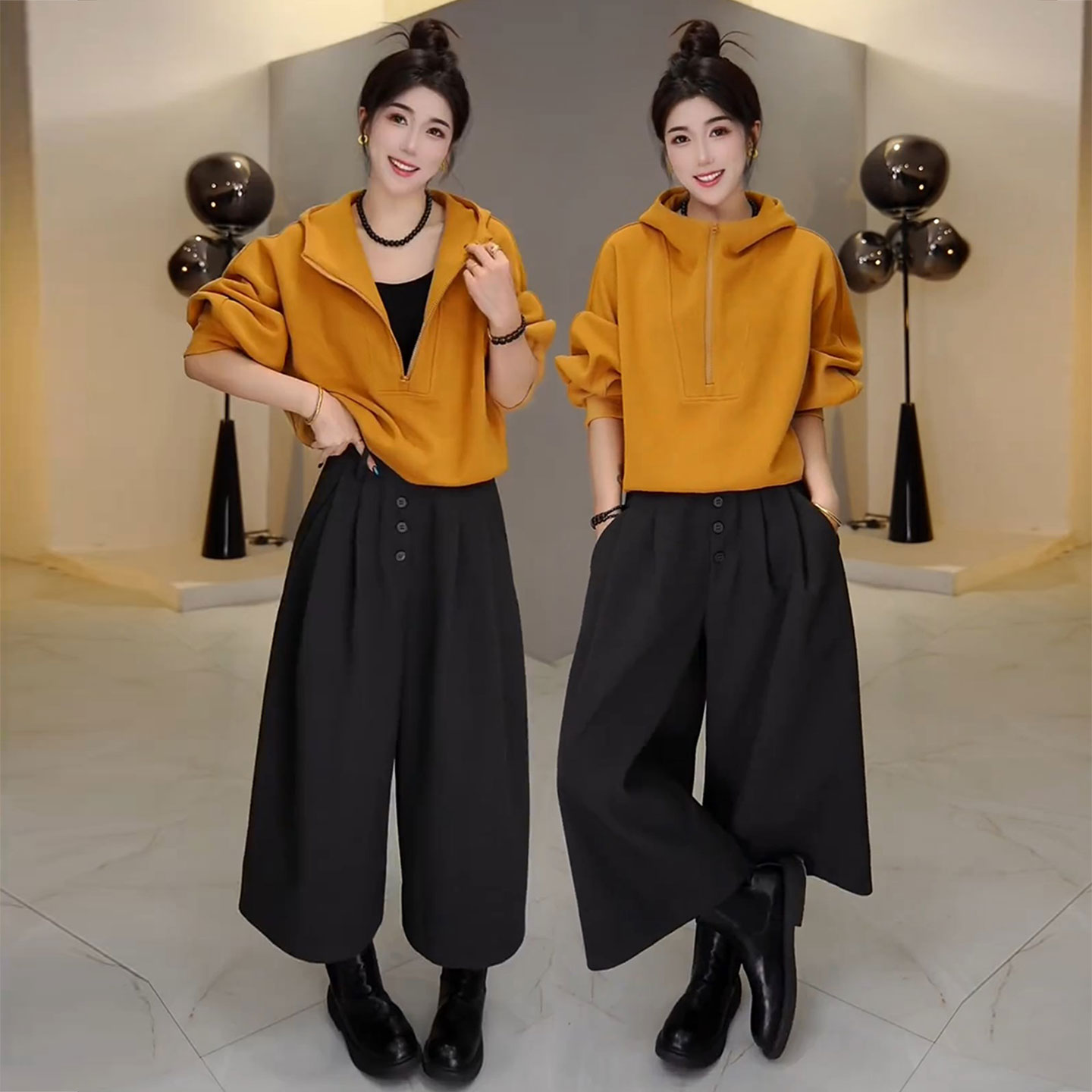 时尚连帽卫衣阔腿裤套装女早秋高级感显瘦休闲高腰毛呢裤两件套潮