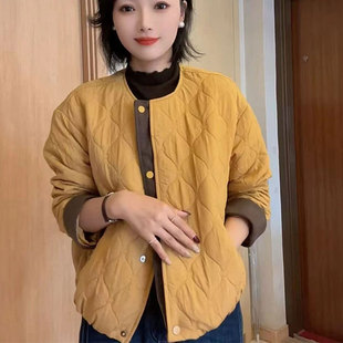 2025新款菱格纹棉服外套女短款宽松百搭时尚薄款保暖棉衣圆领棉袄