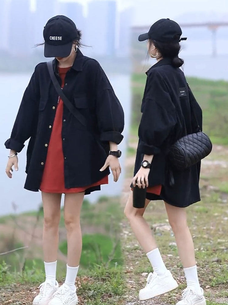 黑色牛仔衬衫女2026春秋外穿宽松高级感上衣网红爆款长袖中长外套