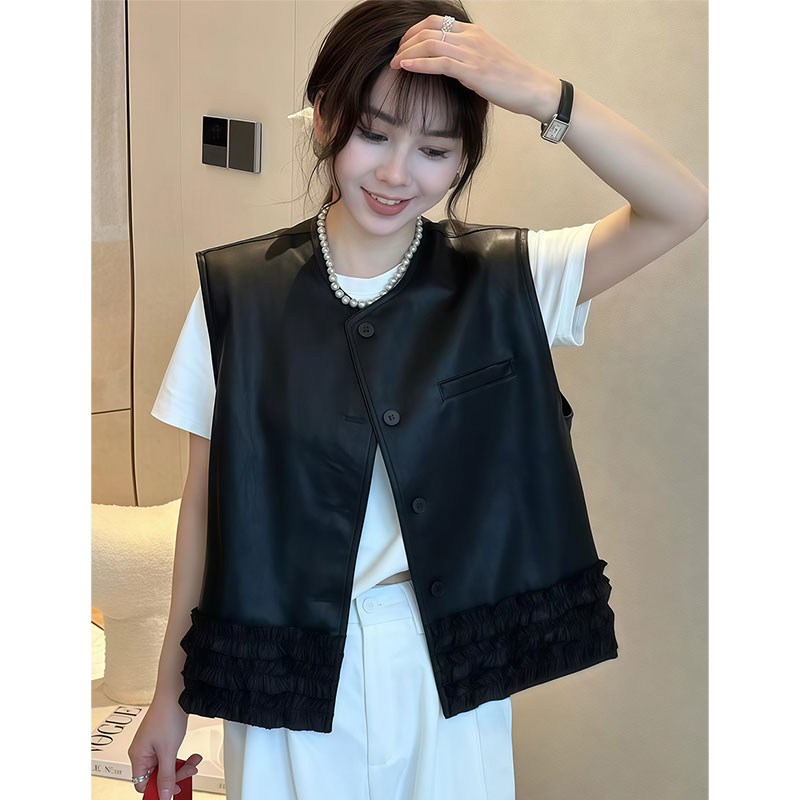 韩版休闲pu皮衣马甲女2025春秋季新款无袖上衣宽松时尚背心小外套