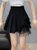 网纱拼接百褶半身裙女设计感小众夏季 高腰显瘦黑色雪纺a字短裙子