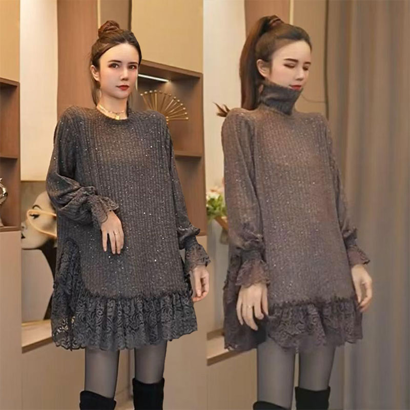 针织套头高领拼接蕾丝衫