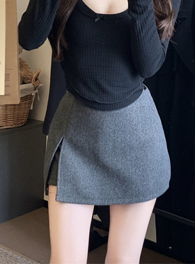 灰色毛呢裙裤半身裙女2025秋冬新款百搭a字裙高腰显瘦开叉短裙子