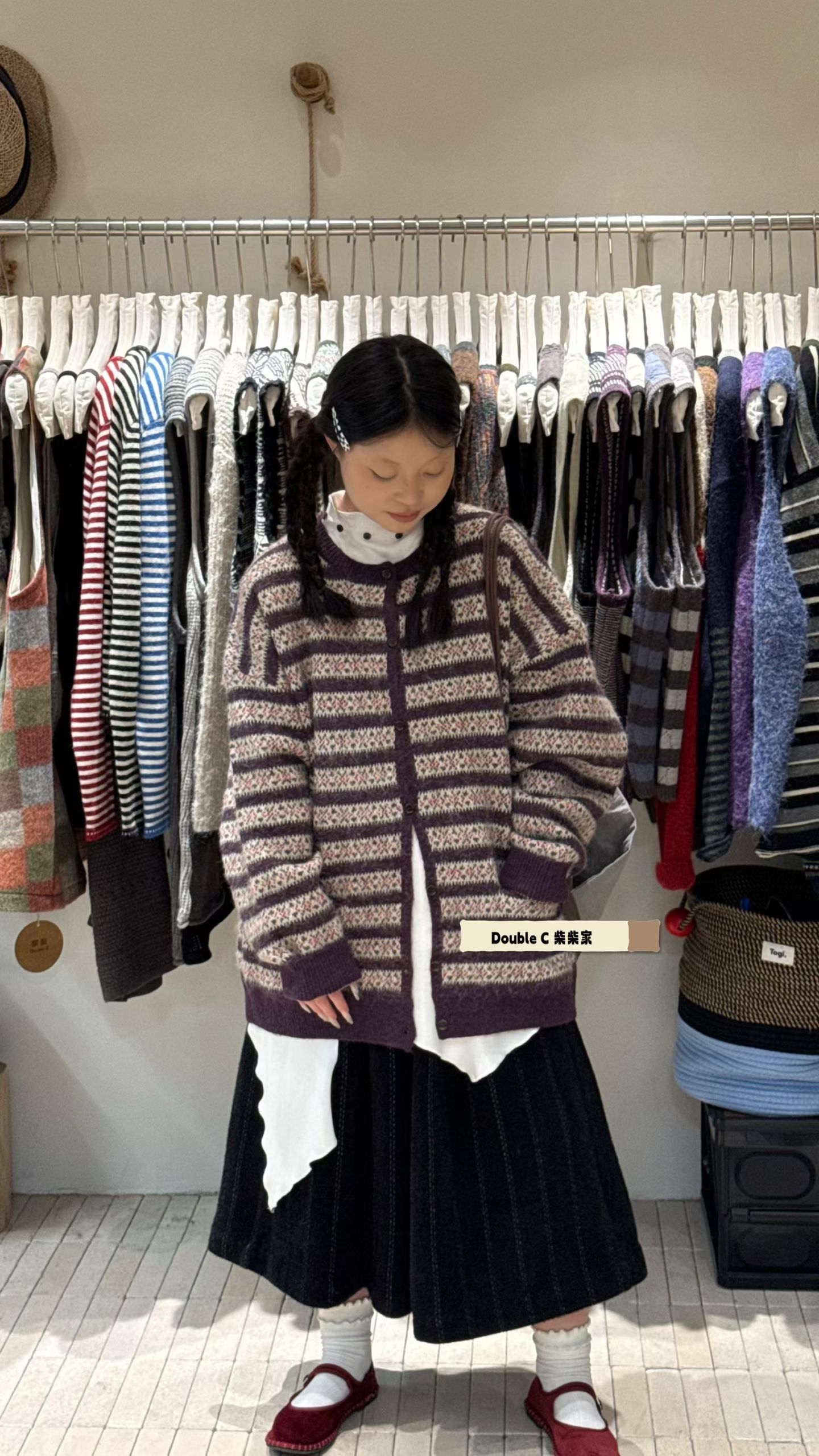 日系古着风条纹针织开衫女秋装宽松显瘦软糯毛衣外套