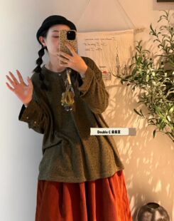 复古碎花花点长袖T恤女宽松落肩圆领小扣日系森女内搭打底衫