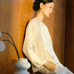 长袖 真丝睡衣女款 盘扣高端提花桑蚕丝家居服女白色 丝侬中式 锦书