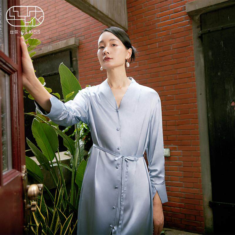 丝侬真丝连衣裙女睡裙睡袍长袖V领丝绸家居服纯色春夏两穿可外穿