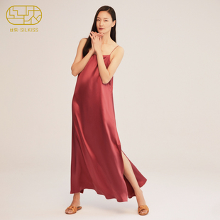 丝侬性感吊带真丝睡裙女复古红桑蚕丝睡衣裙长裙侧开叉长款 连衣裙
