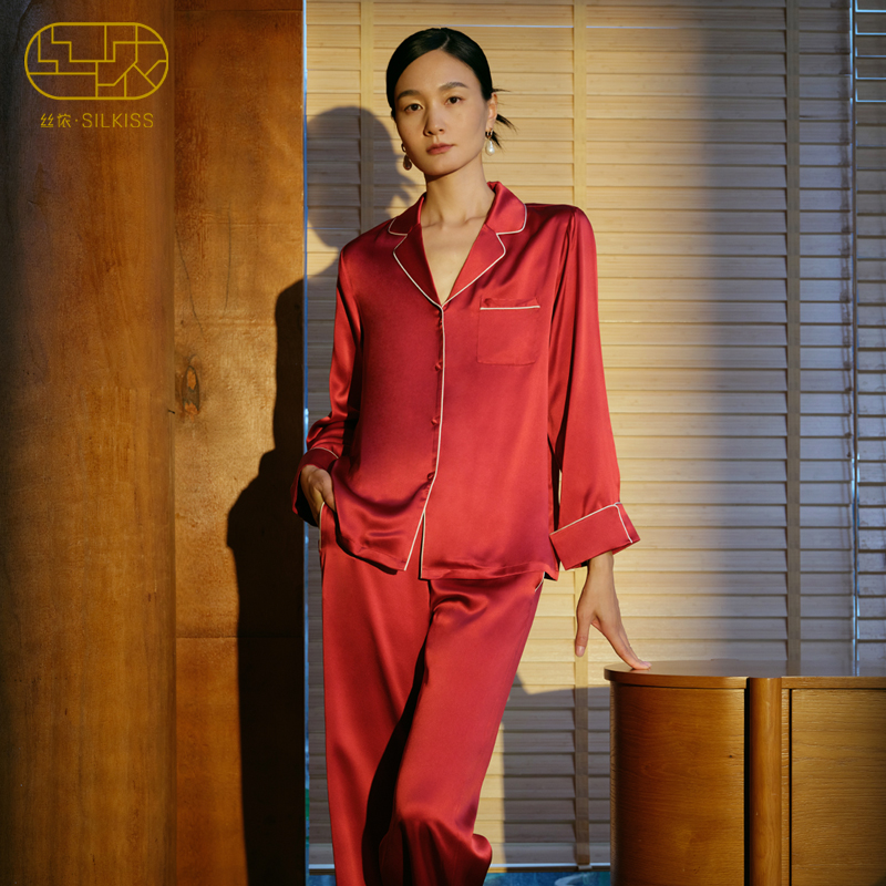 丝侬真丝睡衣女士套装红色长袖长裤高级感丝绸桑蚕丝家居服秋冬