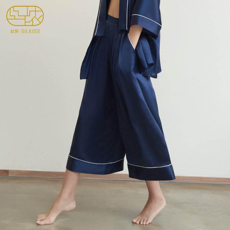丝侬真丝睡裤女裤子舒适中式宽松桑蚕丝阔腿裤九分裤丝绸长裤春夏
