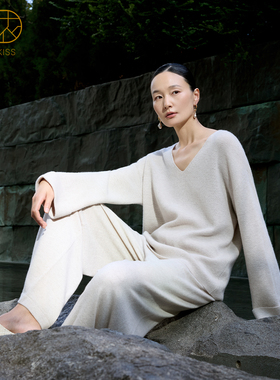 丝侬高端羊毛蚕丝睡衣真丝羊绒家居服女士套装宽松V领厚针织毛衣