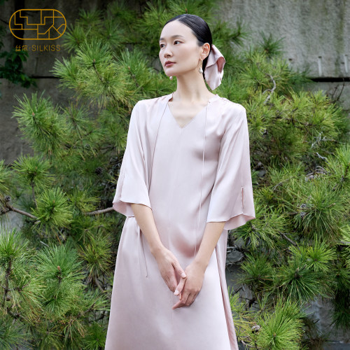 520礼物』丝侬真丝连衣睡裙女款半袖纯色高级感丝绸桑蚕丝睡衣长