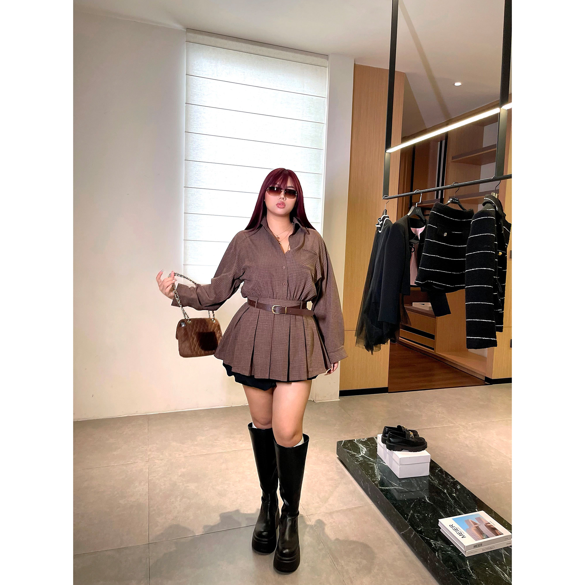 楠哥微胖mm美式复古格纹长袖连衣裙女大码收腰显瘦小个子衬衫裙子