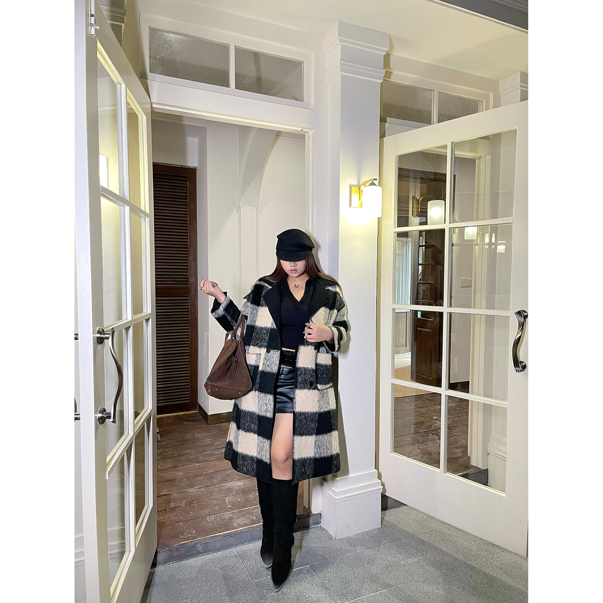 两面穿毛呢大衣韩系黑白格子外套