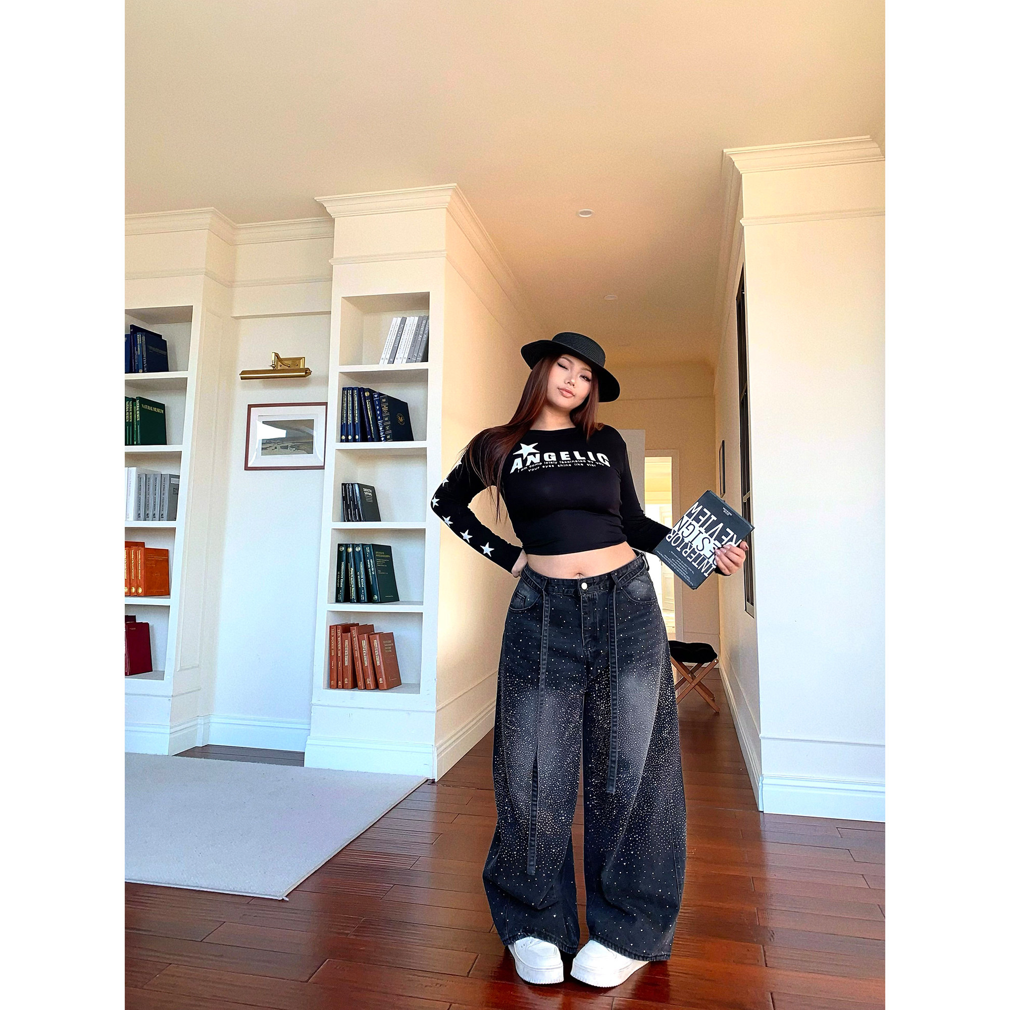 楠哥微胖美式街头风满天星烫钻高腰牛仔裤女大码宽松直筒胖mm裤子