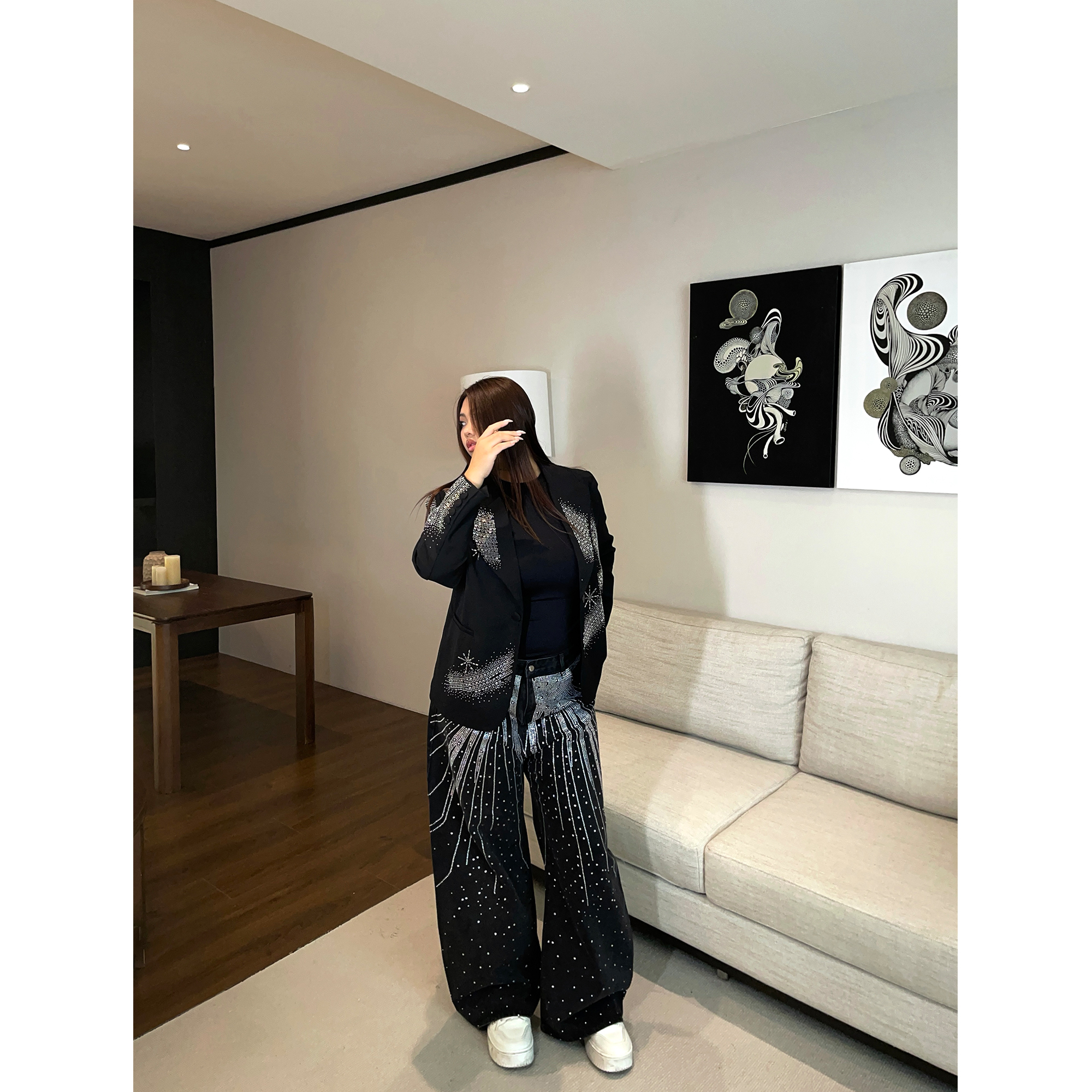 楠哥微胖mm大码高级感重工烫钻西装外套女秋宽松百搭气质名媛上衣