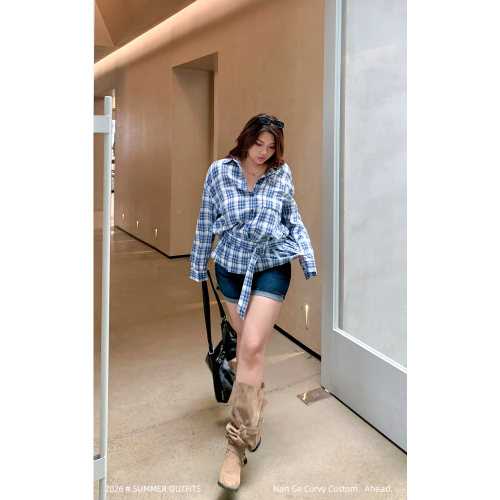 格子长袖宽松慵懒收腰衬衫女
