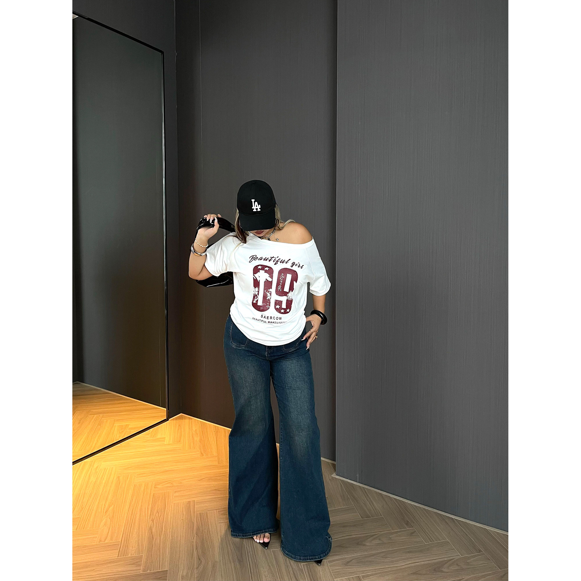 楠哥微胖mm复古垂感喇叭牛仔裤女秋大码欧美高腰宽松直筒显瘦裤子