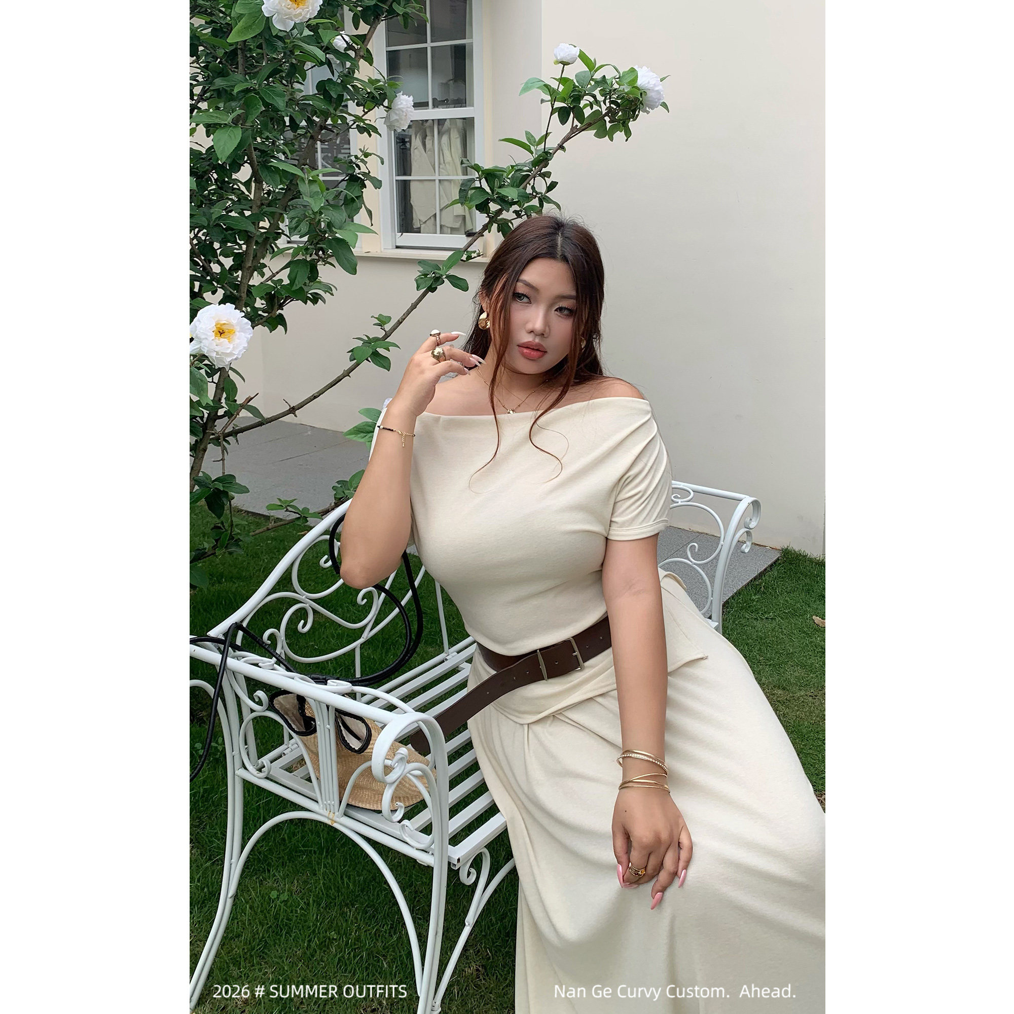 楠哥大码一字肩上衣女夏胖mm收腰显瘦温柔气质轻奢半身长裙两件套