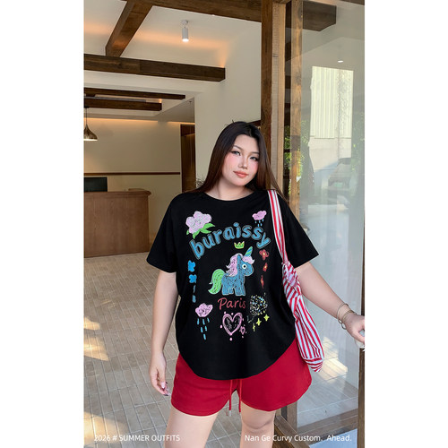 黑色可爱独角兽印花短袖女T恤