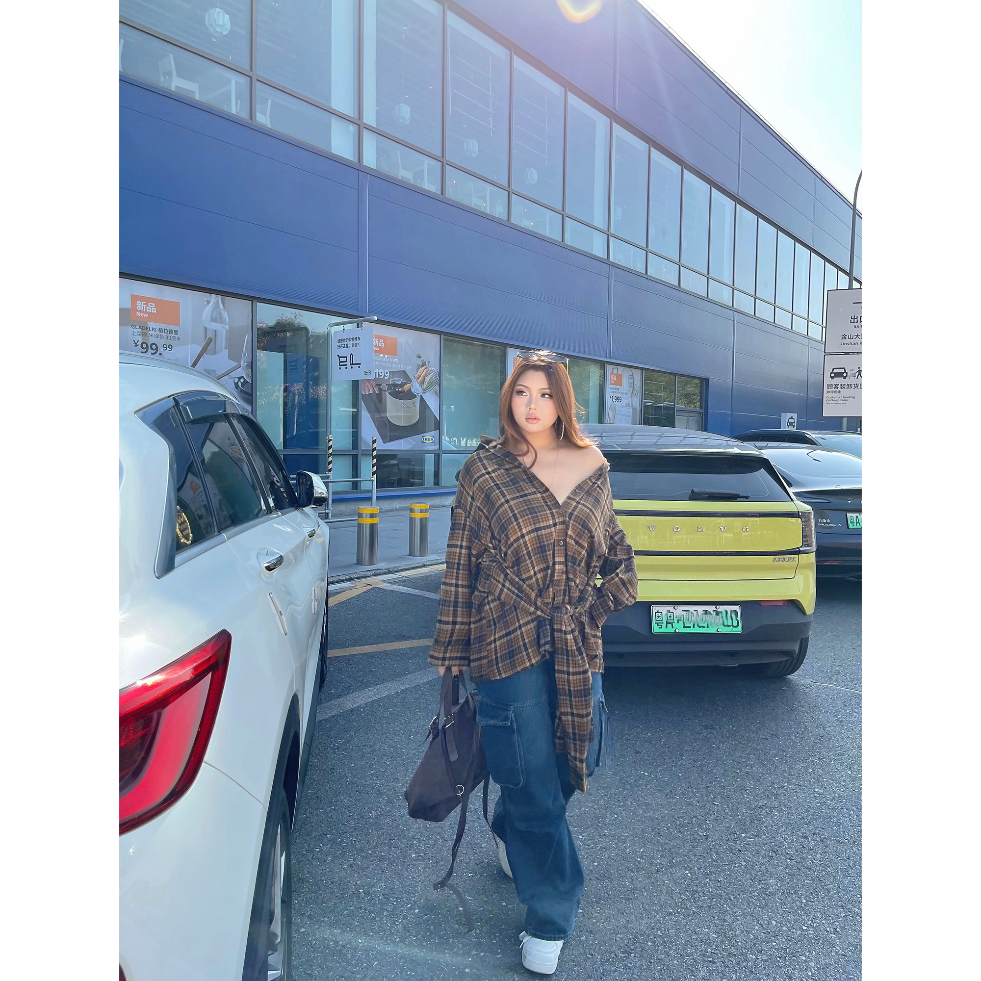 楠哥微胖复古格子系带长袖衬衫女春大码收腰百搭胖mm小个子连衣裙