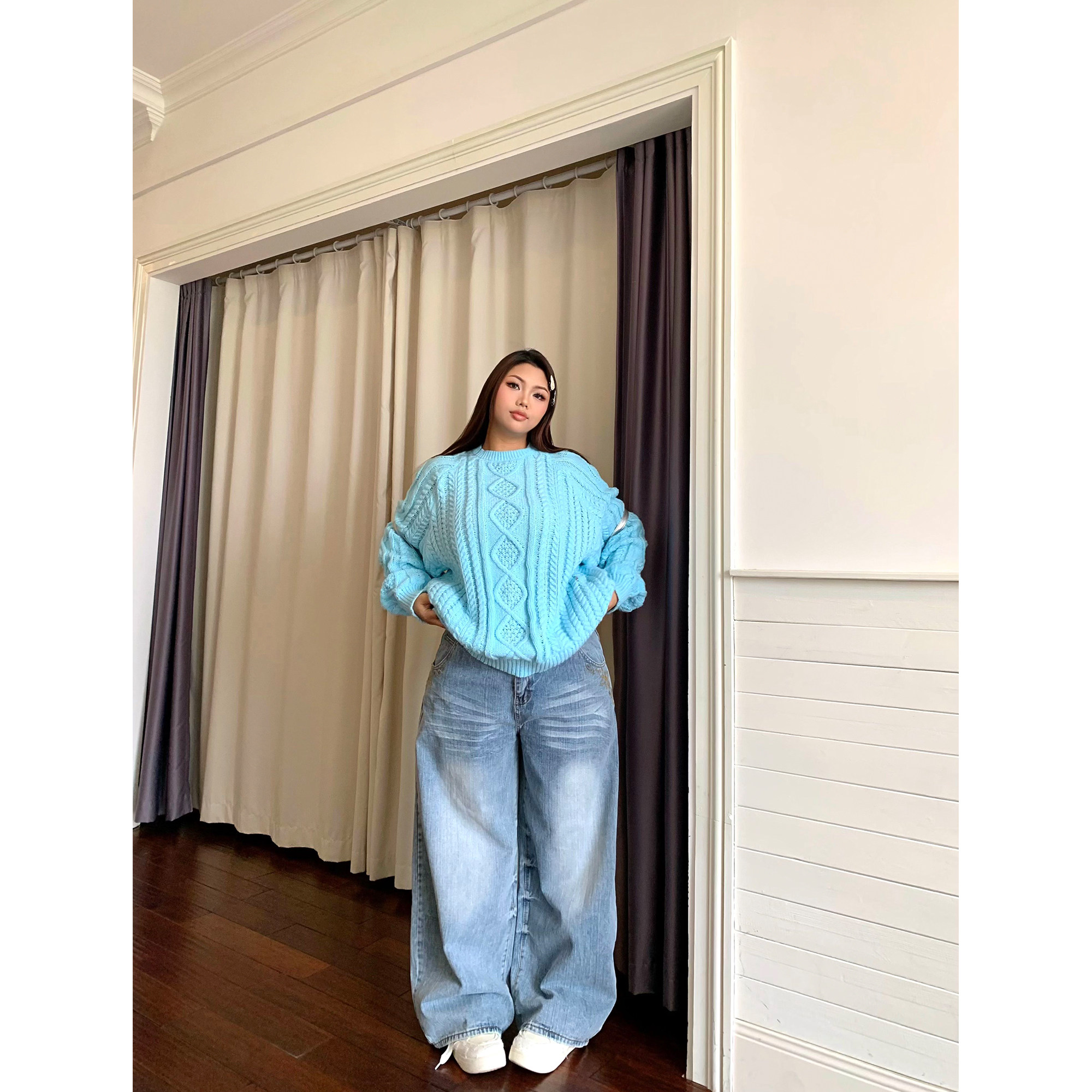 楠哥微胖mm美式复古猫须渐变闪电牛仔裤女大码宽松显瘦弯刀阔腿裤