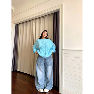 楠哥微胖mm美式复古猫须渐变闪电牛仔裤女大码宽松显瘦弯刀阔腿裤