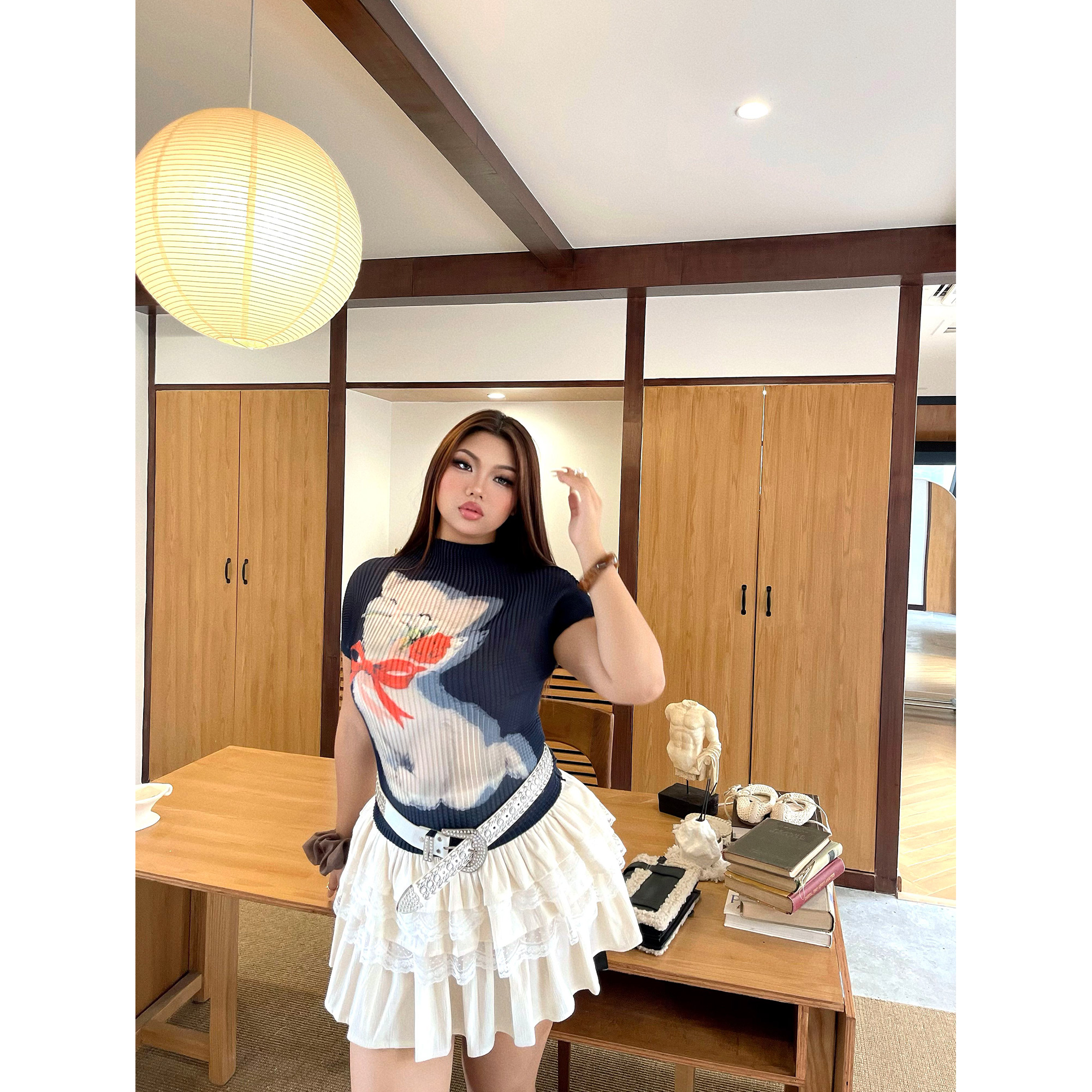 辣妹美式褶皱短袖印花上衣