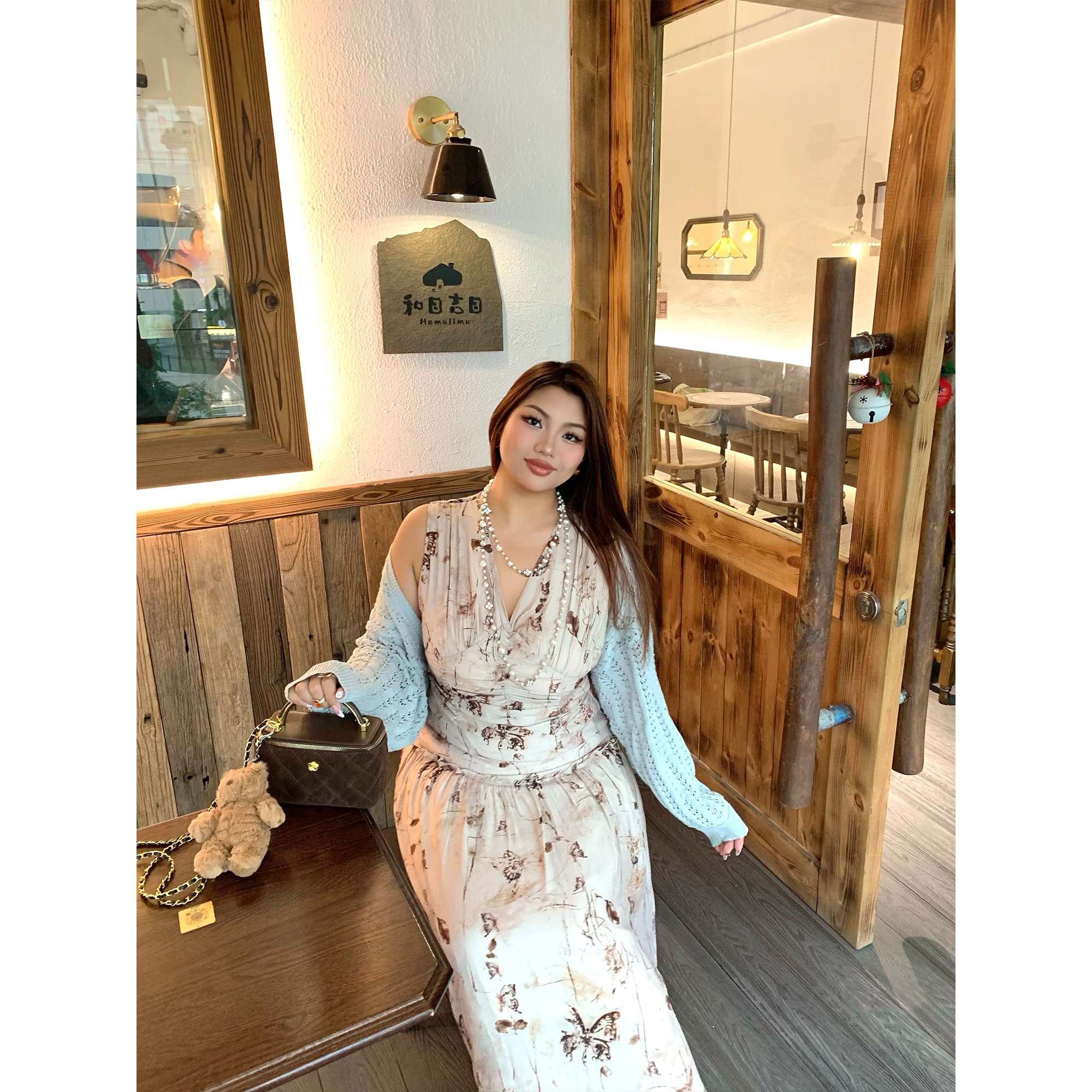 蝴蝶印花碎花裙蝙蝠袖慵懒针织