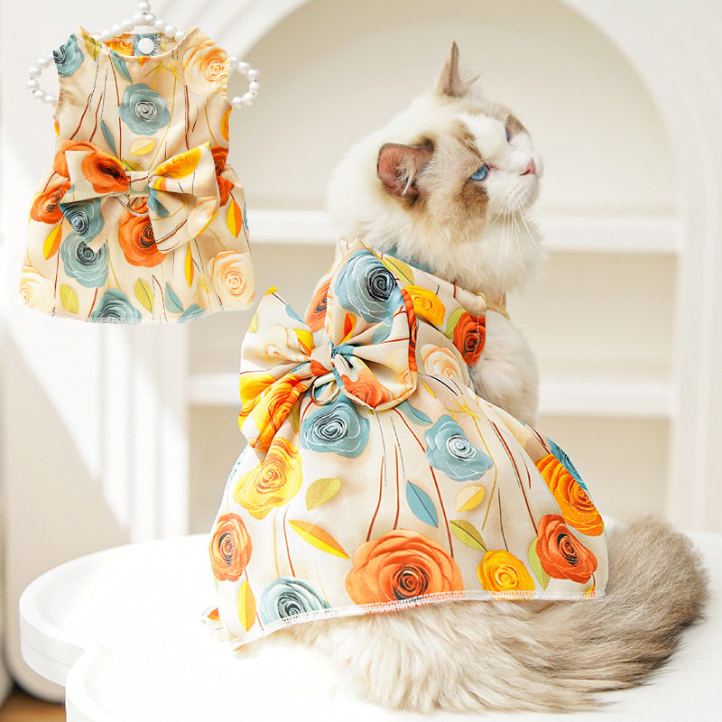 3D立体玫瑰花宠物狗狗猫咪衣服用品跨境批发夏款泰迪比熊布偶猫薄