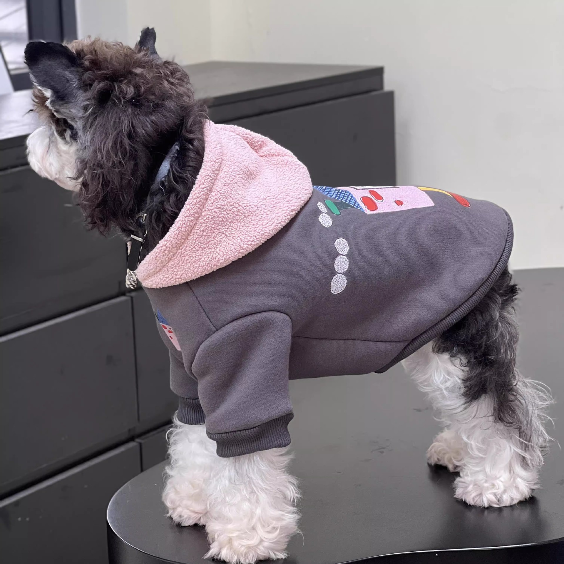 宠物狗狗衣服秋冬保暖加绒保灰色粉帽子卫衣雪纳瑞比熊小型犬服饰