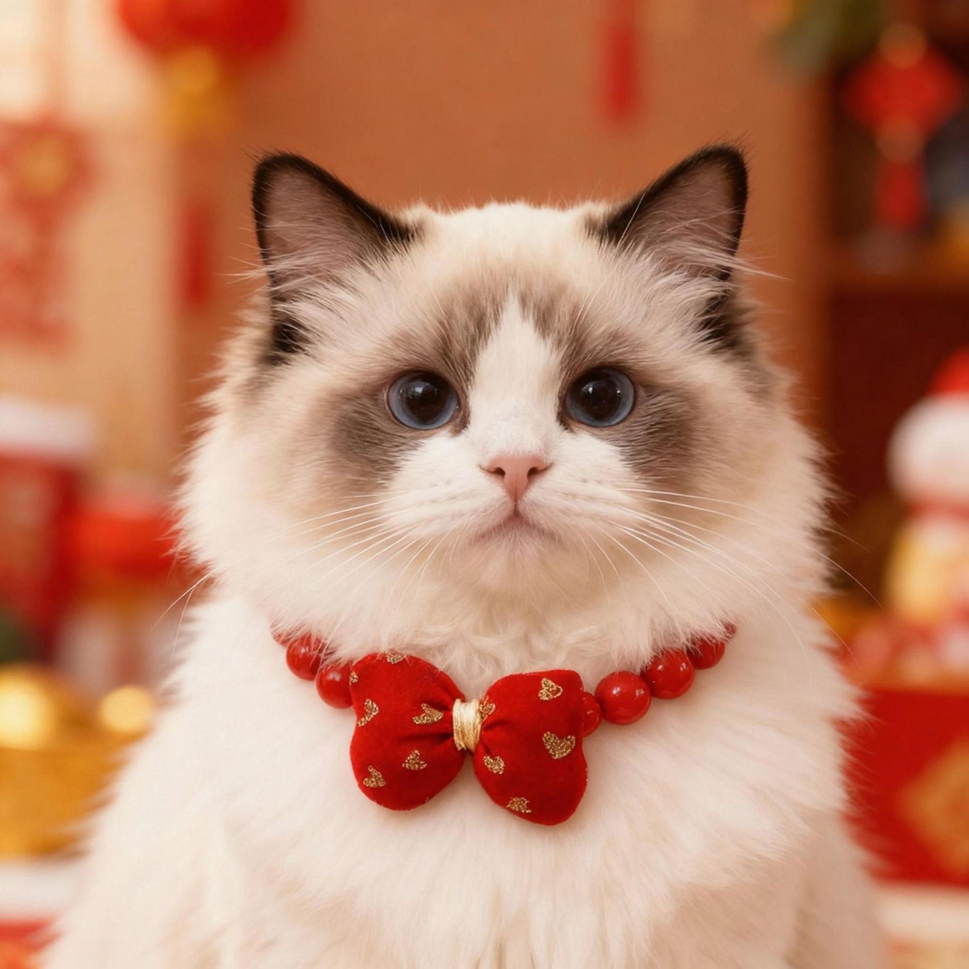 宠物珍珠项链新年项圈春节猫咪狗狗金色项链红色蝴蝶结婚礼装饰品