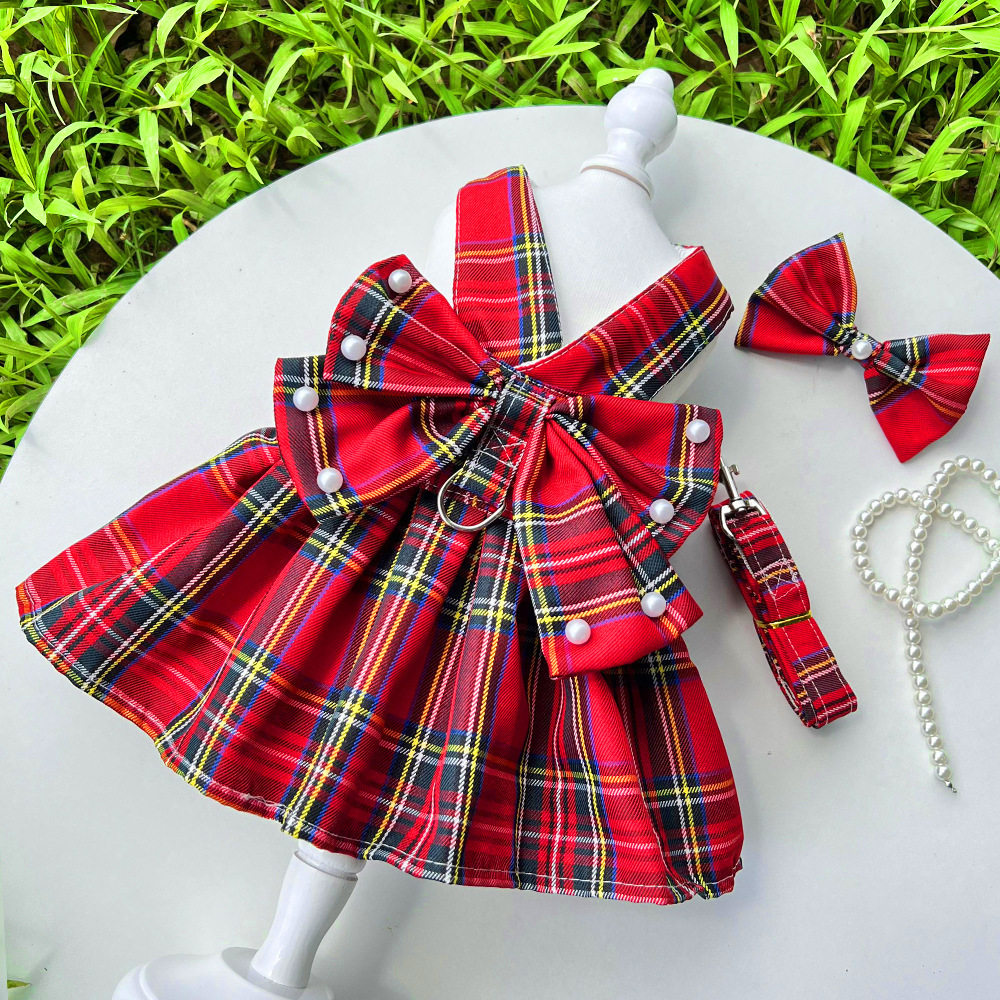 宠物jk格子狗连衣裙子牵引绳用品猫衣服狗狗猫咪泰迪比熊柯基批发