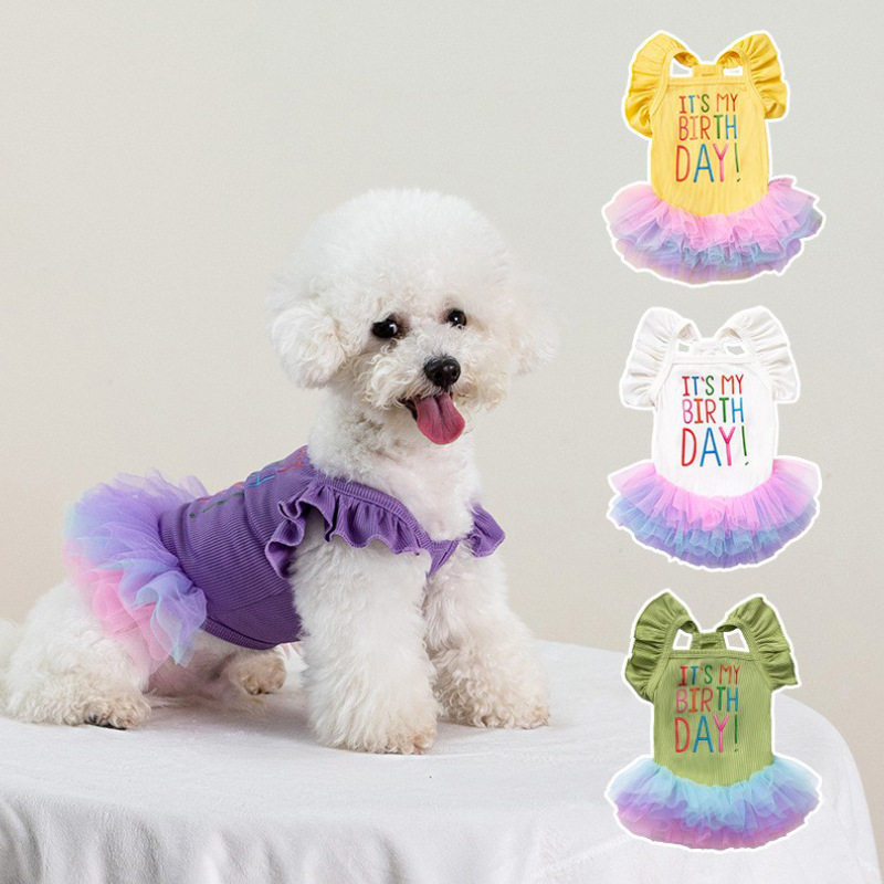 宠物狗狗飞袖生日印花连衣裙蓬蓬裙纱裙小型犬比熊泰迪春夏新款