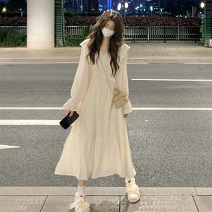 甜美桔梗裙温柔法式学院风收腰宽松显瘦连衣裙女学生荷叶边仙女裙