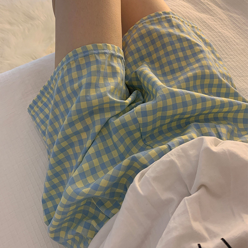 格子睡裤女夏季新款懒人居家裤短裤宽松卡通遛弯裤可外穿薄款