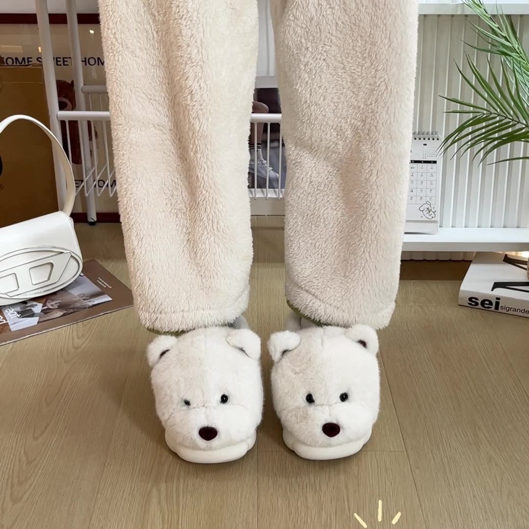 秋冬可爱小熊毛绒保暖棉拖