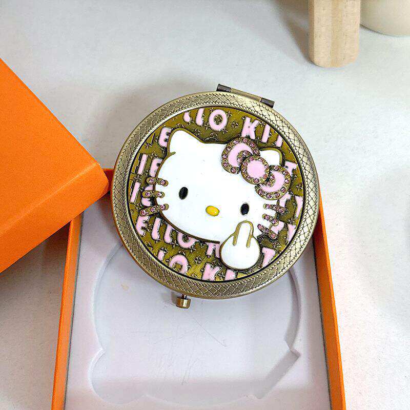 高级金属复古铜凯蒂猫化妆小镜子新款随身手拿折叠金色化妆镜学生