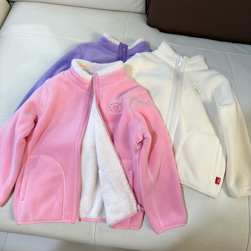 女童外套加绒加厚秋冬羊羔绒开衫