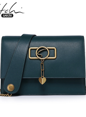 沙驰女包新款包包单肩斜跨小方包质感真皮时尚简约牛皮红色链条包