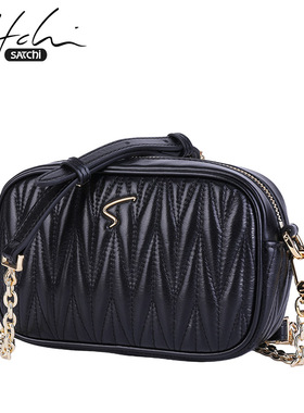 沙驰女包新款轻奢简约小方包女真皮单肩斜挎包女时尚牛皮链条小包